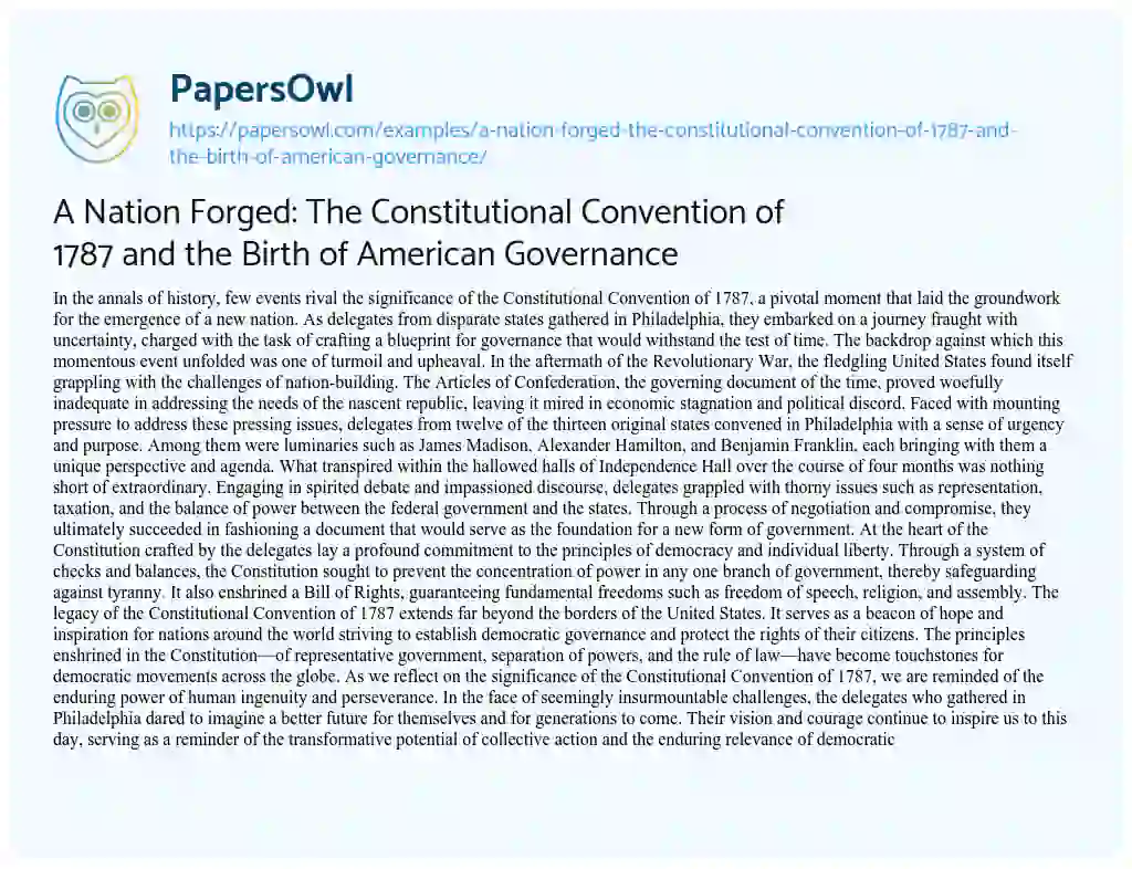 Essay on A Nation Forged: the Constitutional Convention of 1787 and the Birth of American Governance