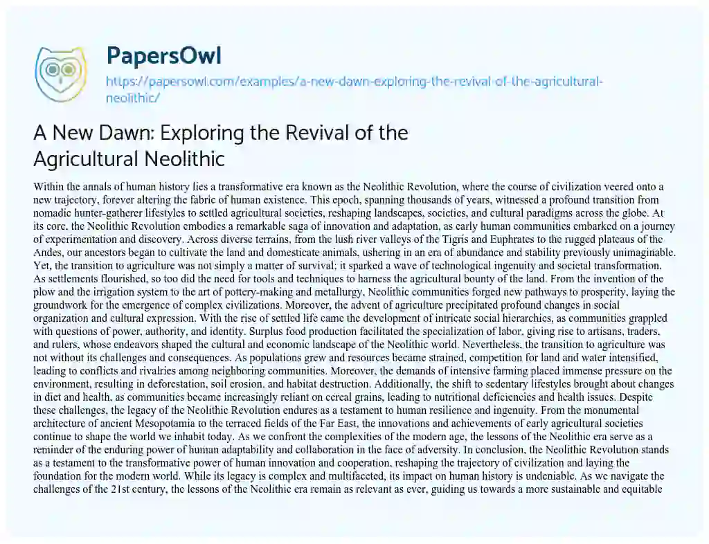 Essay on A New Dawn: Exploring the Revival of the Agricultural Neolithic