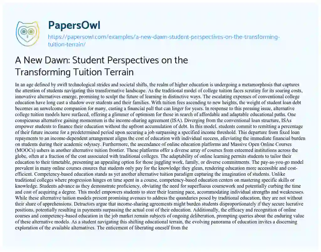 Essay on A New Dawn: Student Perspectives on the Transforming Tuition Terrain