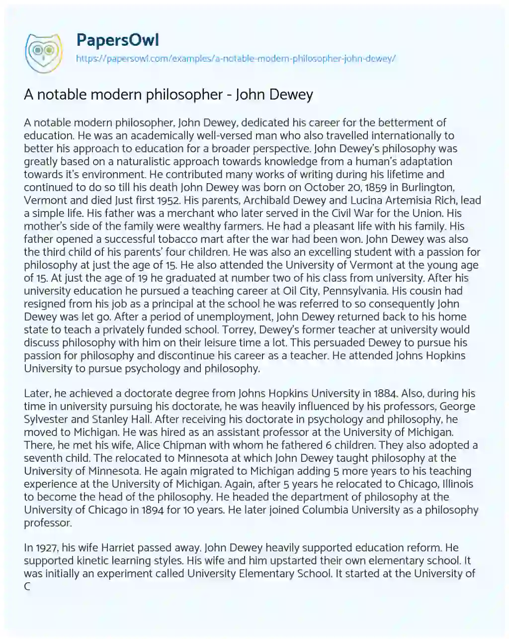 Essay on A Notable Modern Philosopher – John Dewey