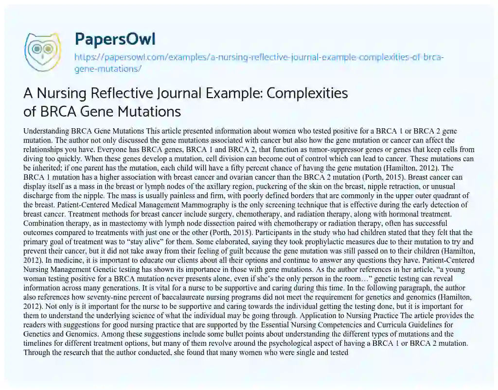 Essay on A Nursing Reflective Journal Example: Complexities of BRCA Gene Mutations