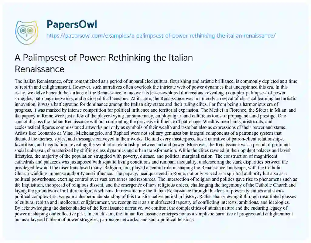 Essay on A Palimpsest of Power: Rethinking the Italian Renaissance