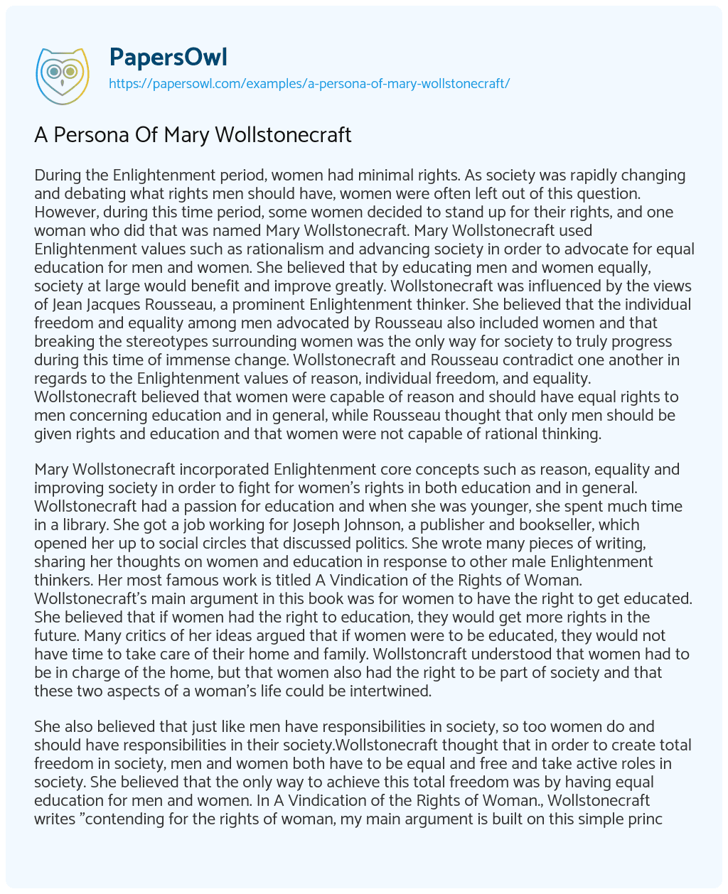 Essay on A Persona of Mary Wollstonecraft