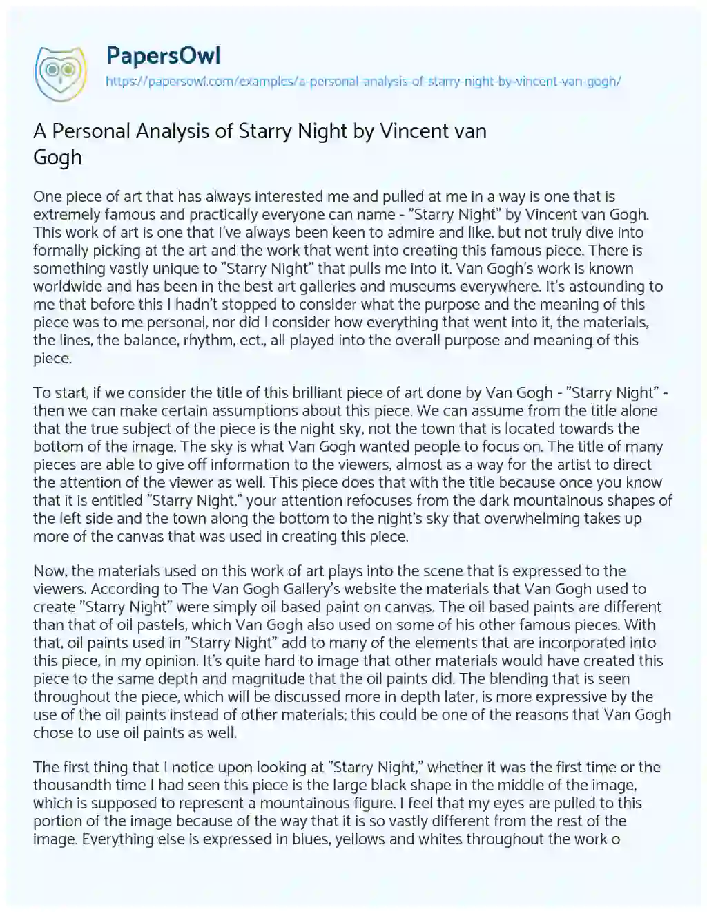 Essay on A Personal Analysis of Starry Night by Vincent Van Gogh