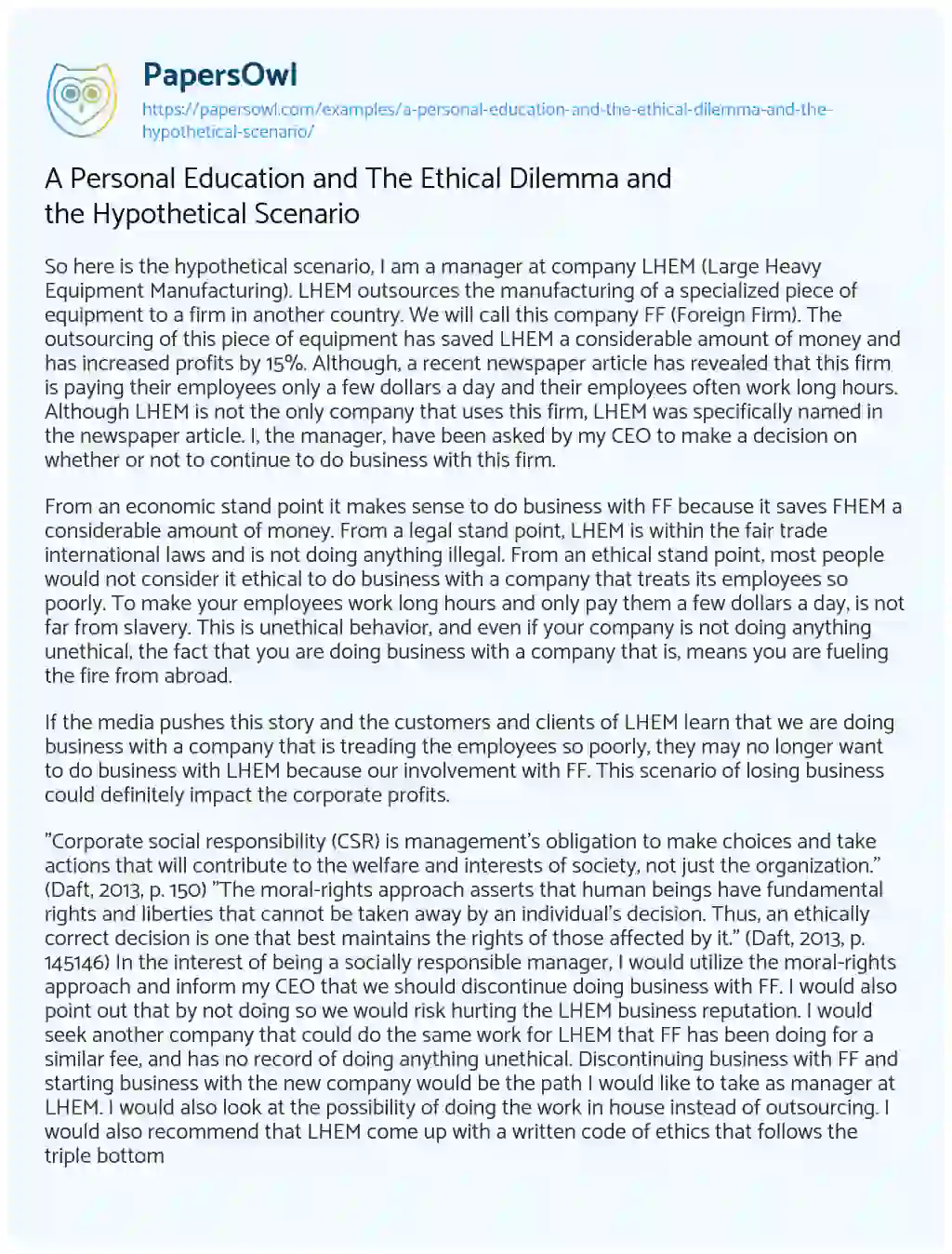 A Personal Education and the Ethical Dilemma and the Hypothetical Scenario essay