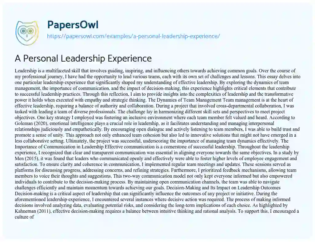 Essay on A Personal Leadership Experience