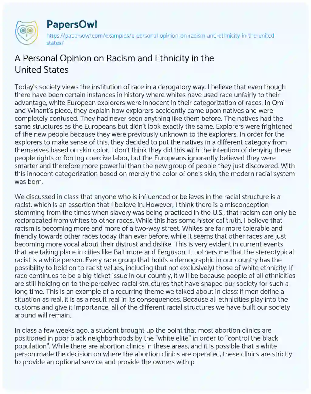 Essay on A Personal Opinion on Racism and Ethnicity in the United States