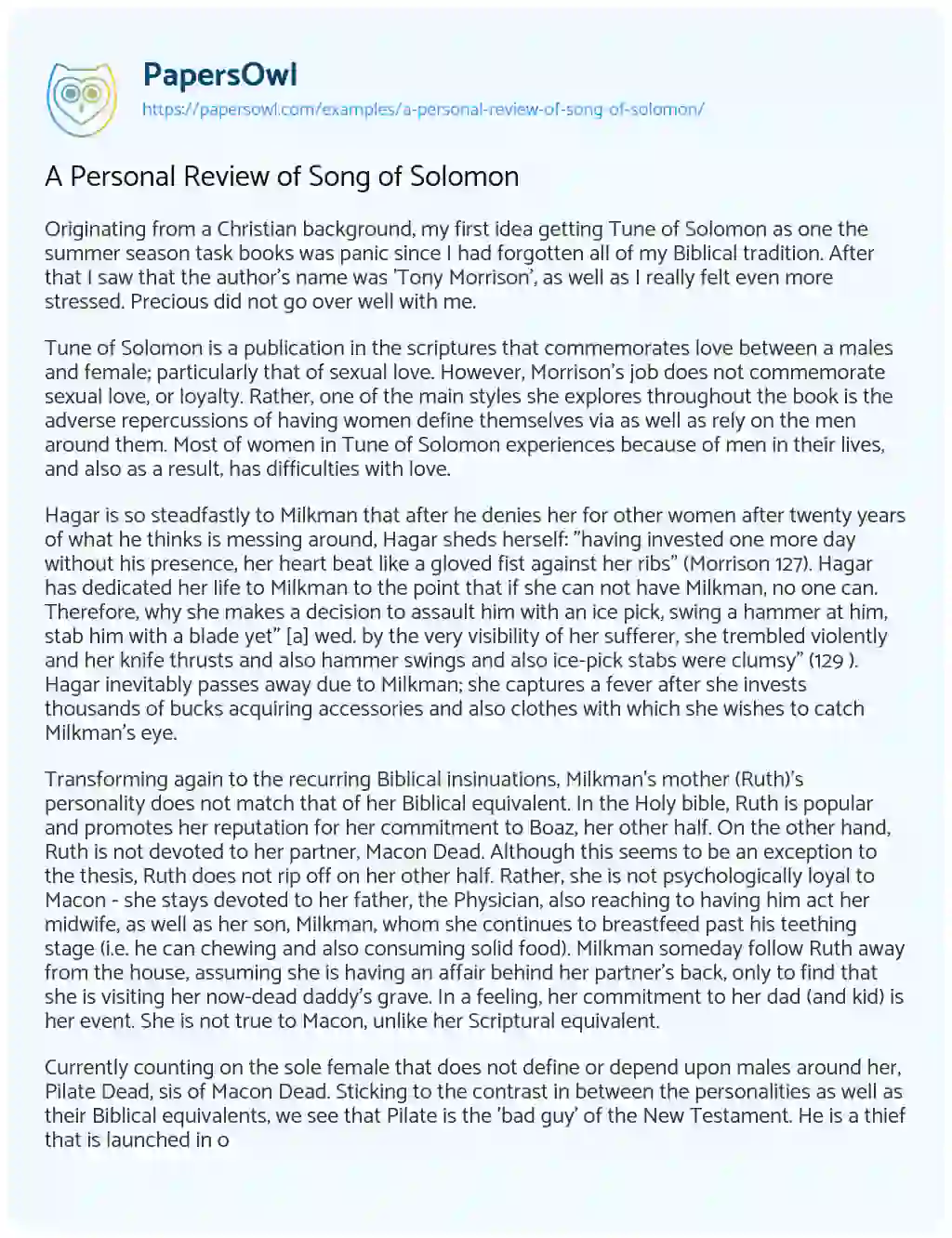 Essay on A Personal Review of Song of Solomon