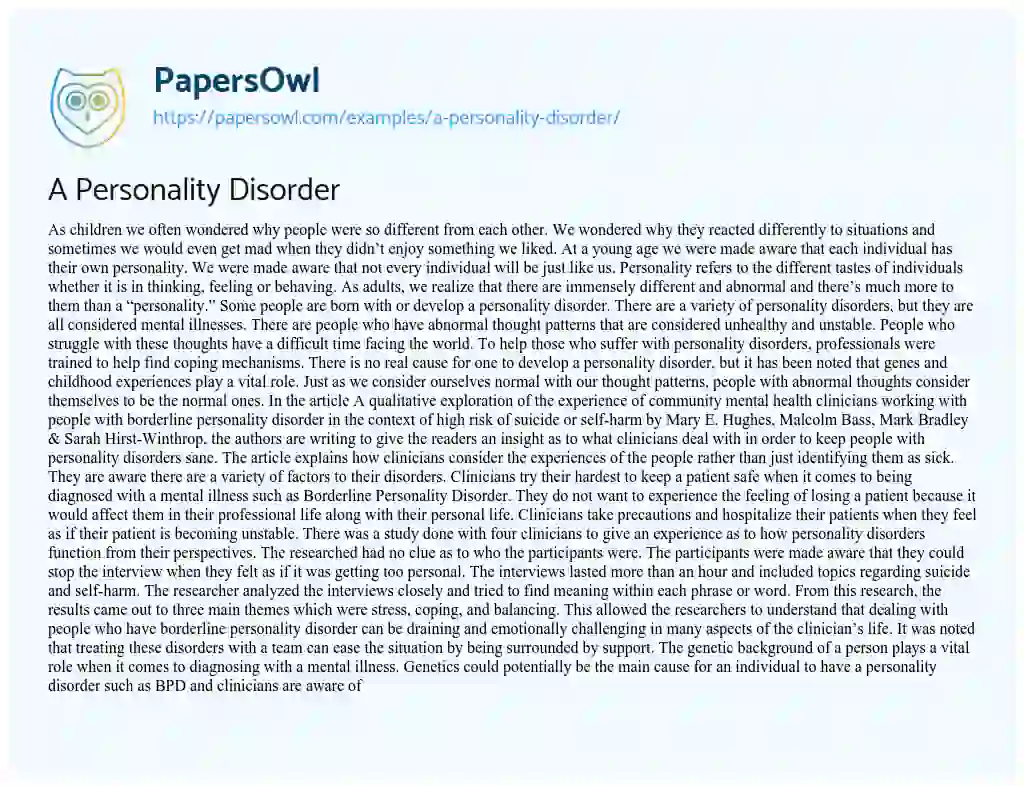 Essay on A Personality Disorder