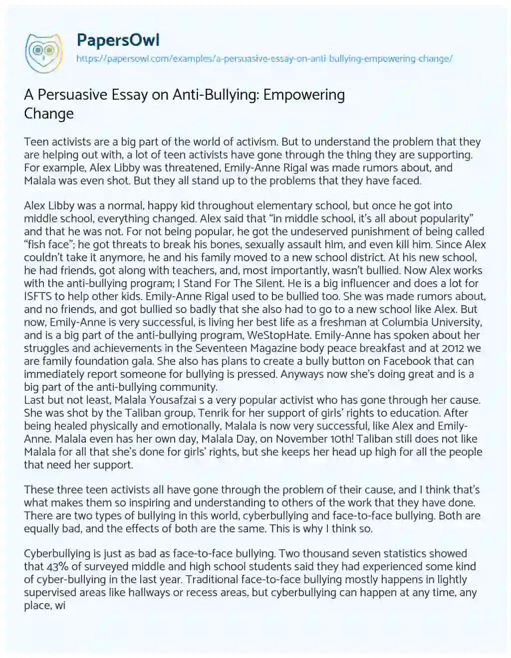 Essay on A Persuasive Essay on Anti-Bullying: Empowering Change