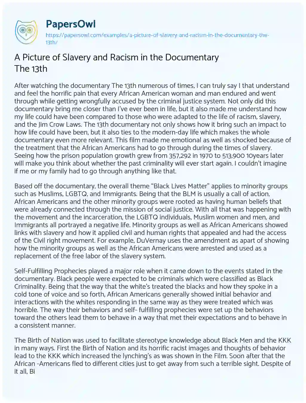 Essay on A Picture of Slavery and Racism in the Documentary the 13th