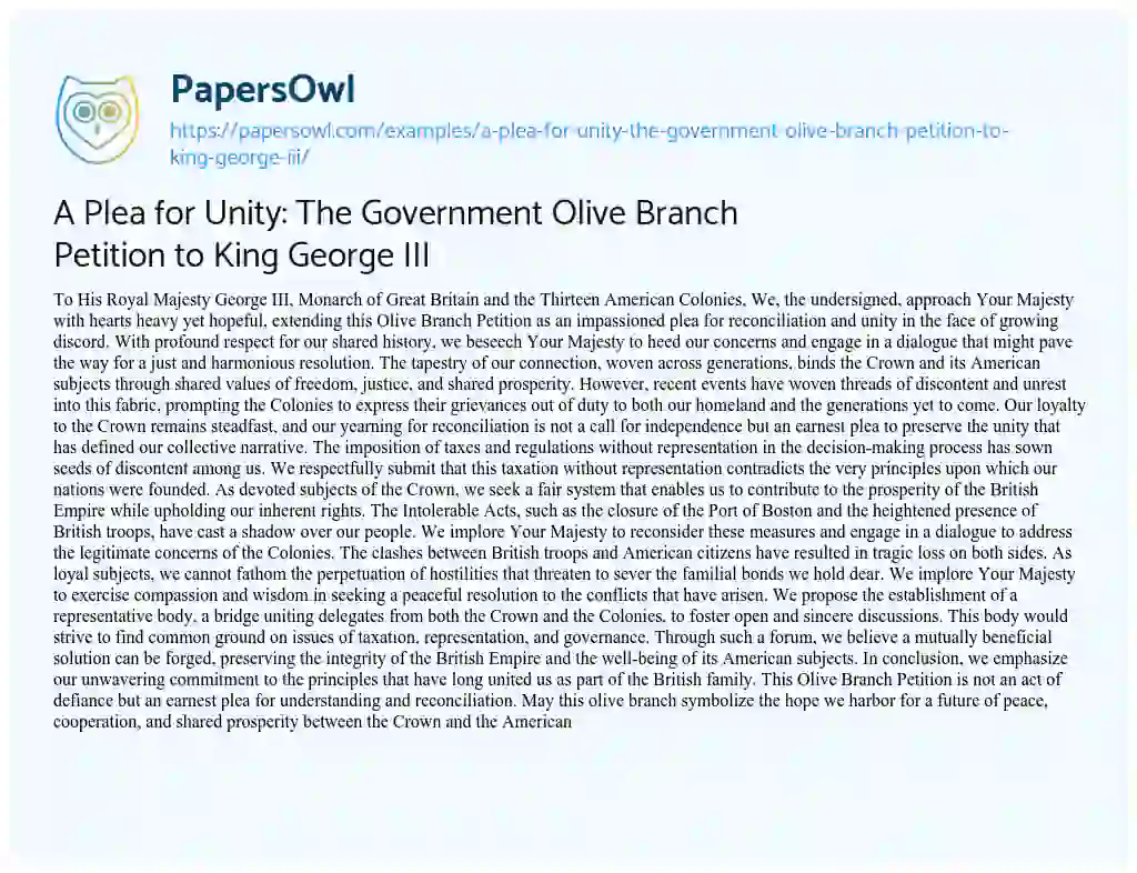 Essay on A Plea for Unity: the Government Olive Branch Petition to King George III