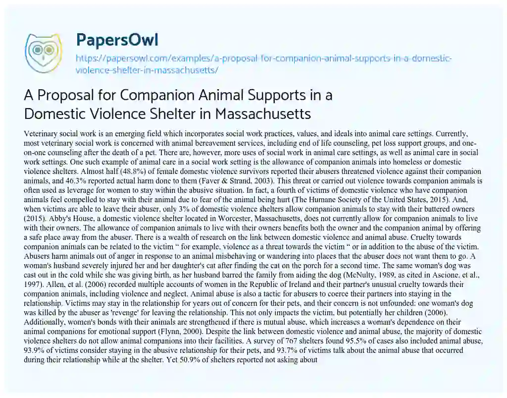 Essay on A Proposal for Companion Animal Supports in a Domestic Violence Shelter in Massachusetts