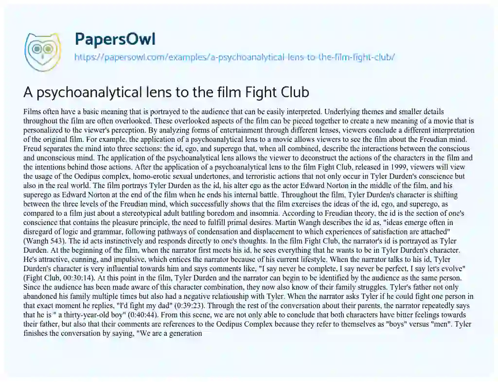 Essay on A Psychoanalytical Lens to the Film Fight Club