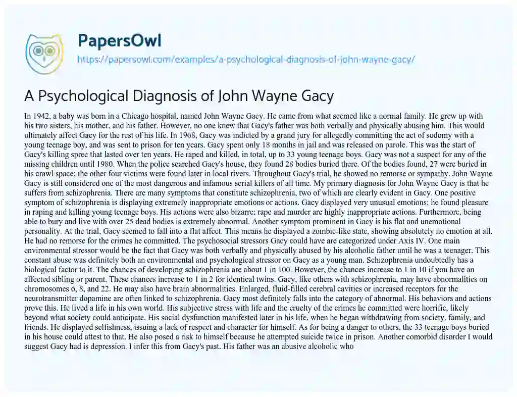 Essay on A Psychological Diagnosis of John Wayne Gacy