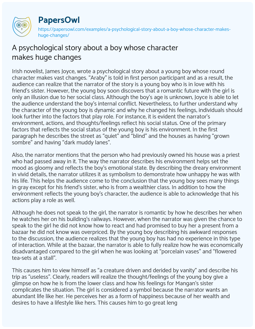 A Psychological Story about a Boy Whose Character Makes Huge Changes A Psychological Story about a Boy Whose Character Makes Huge Changes essay