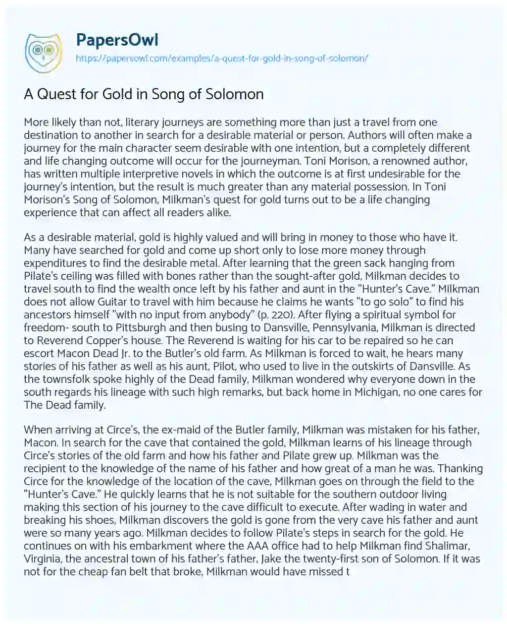 Essay on A Quest for Gold in Song of Solomon