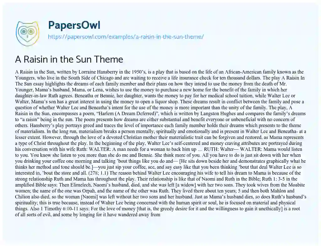Essay on A Raisin in the Sun Theme