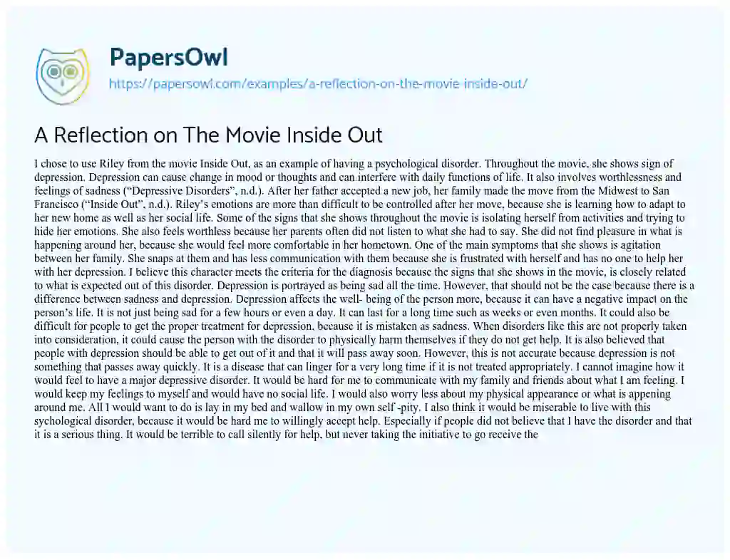 Essay on A Reflection on the Movie Inside out