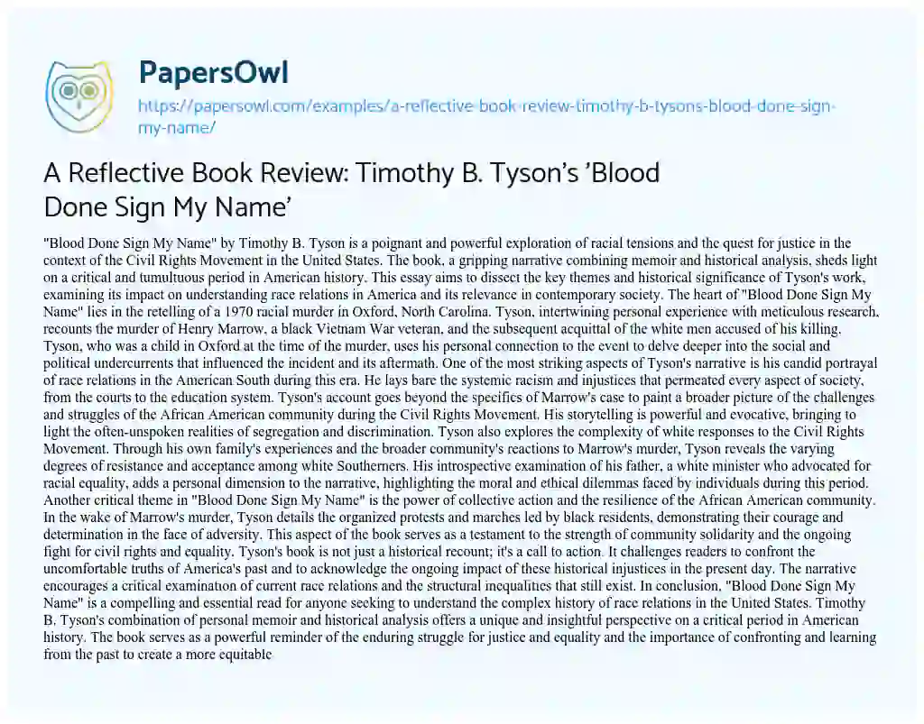 Essay on A Reflective Book Review: Timothy B. Tyson’s ‘Blood Done Sign my Name’
