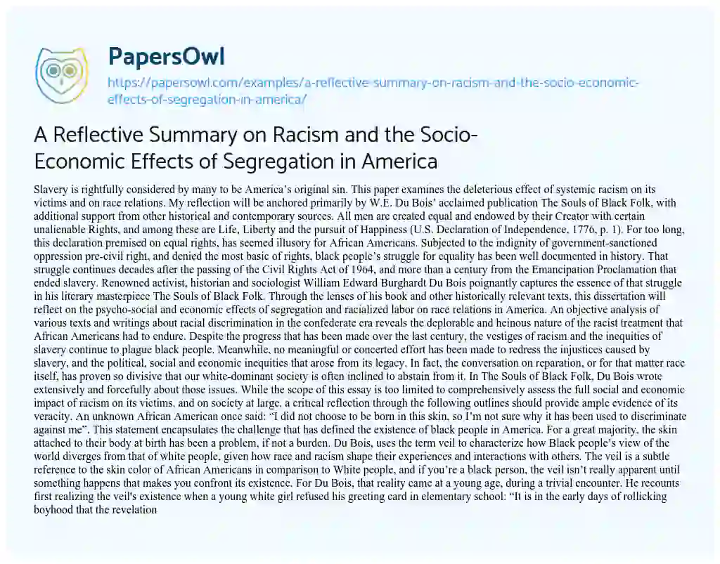 A Reflective Summary on Racism and the Socio-Economic Effects of Segregation in America essay