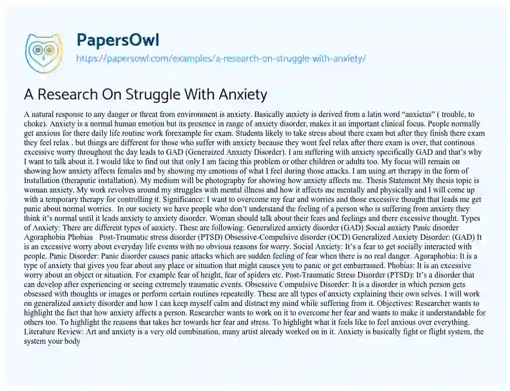 Essay on A Research on Struggle with Anxiety