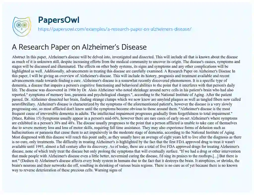 A Research Paper on Alzheimer’s Disease essay