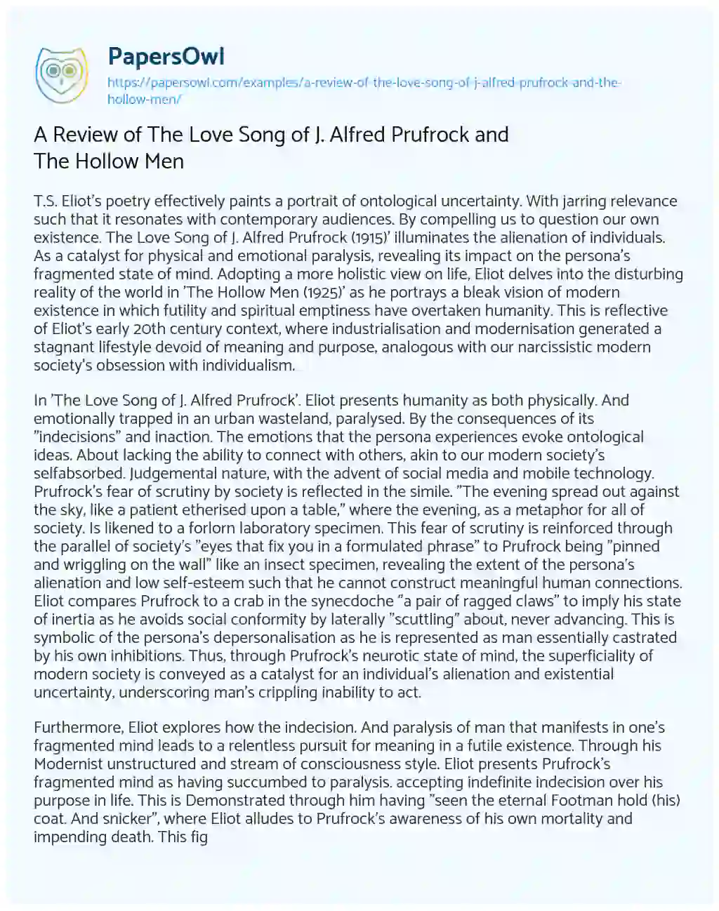 Essay on A Review of the Love Song of J. Alfred Prufrock and the Hollow Men
