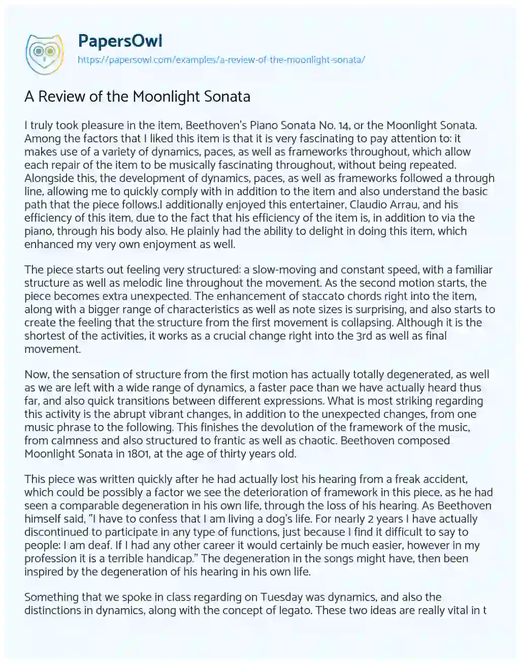 Essay on A Review of the Moonlight Sonata