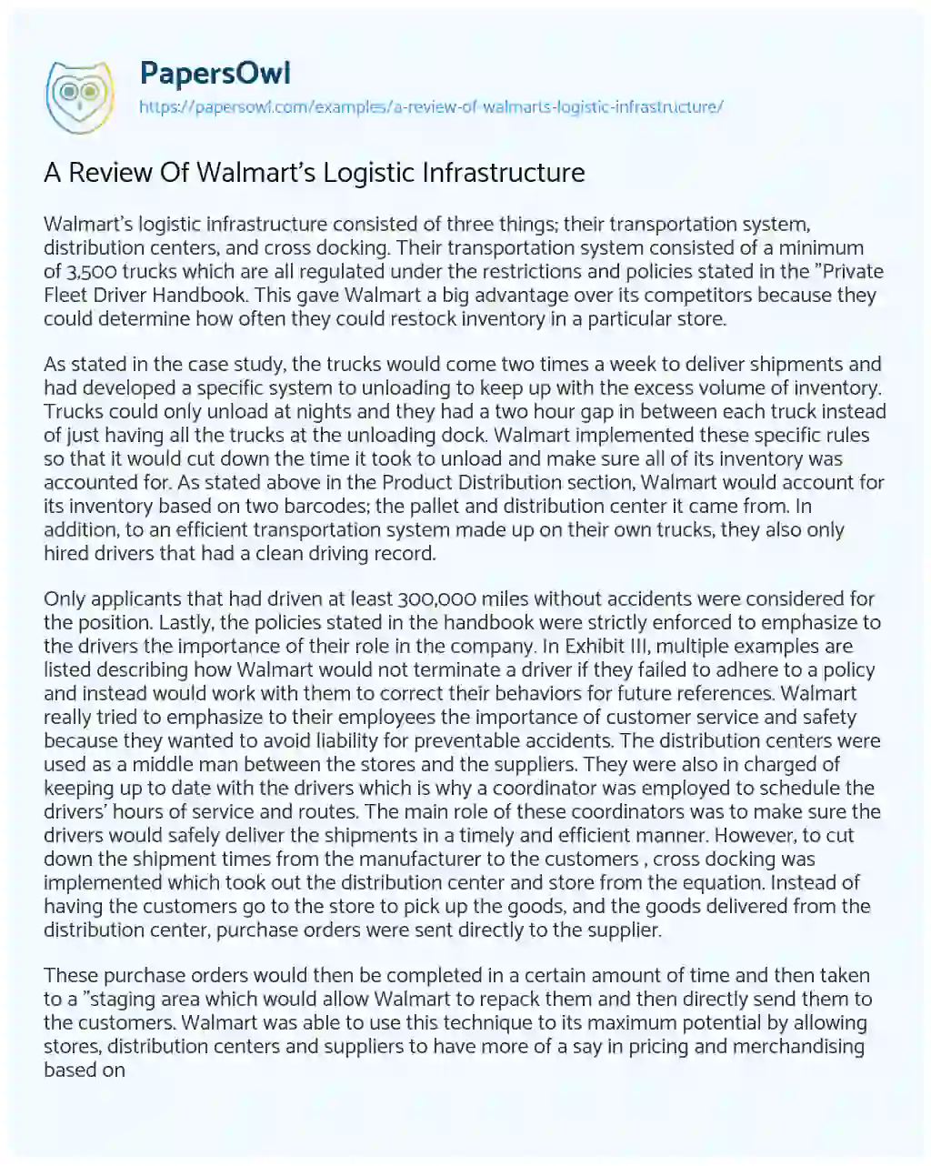 A Review of Walmart’s Logistic Infrastructure essay