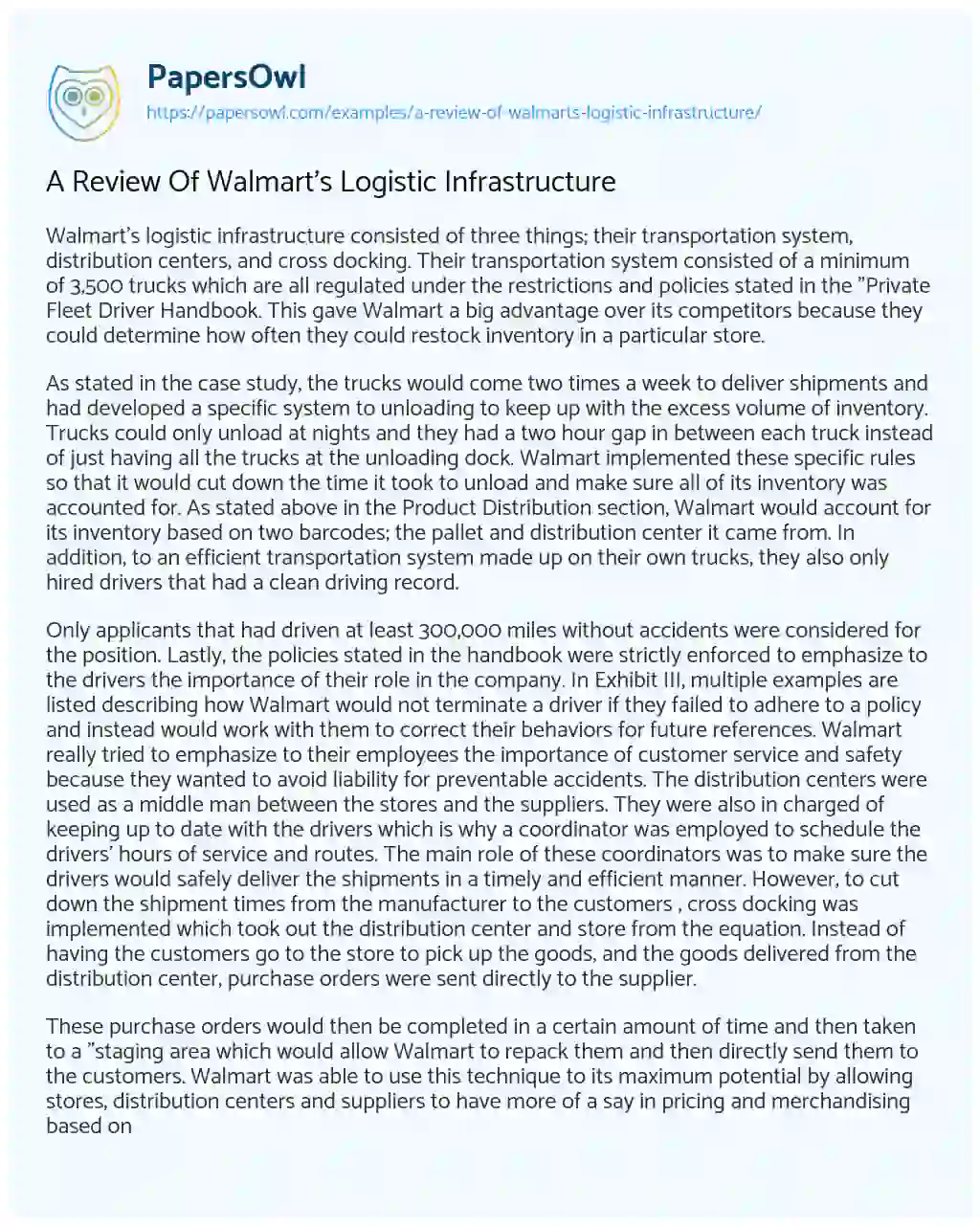 Essay on A Review of Walmart’s Logistic Infrastructure