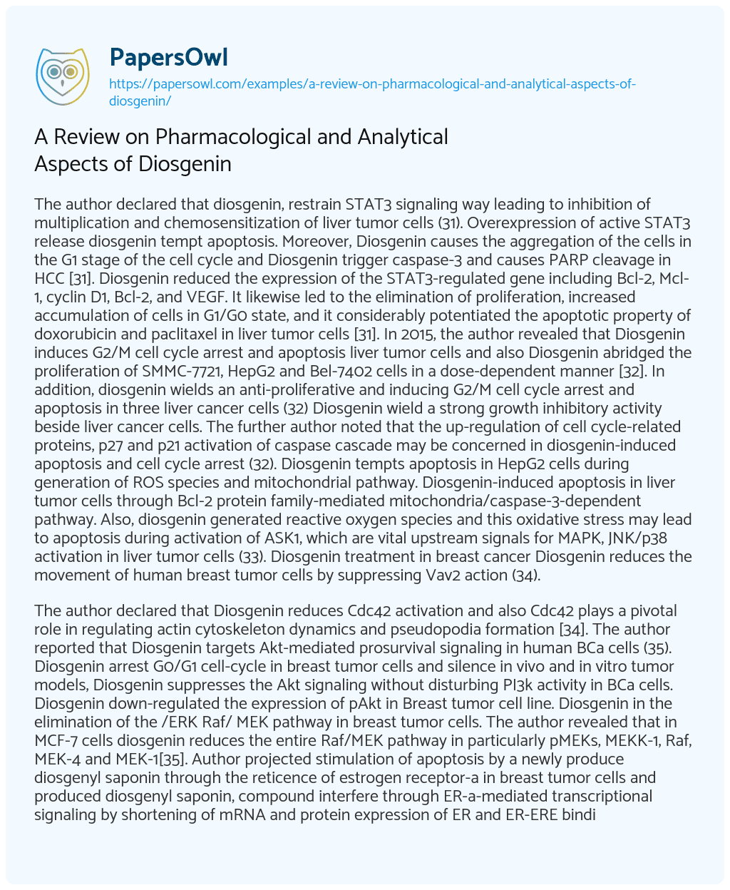 Essay on A Review on Pharmacological and Analytical Aspects of Diosgenin