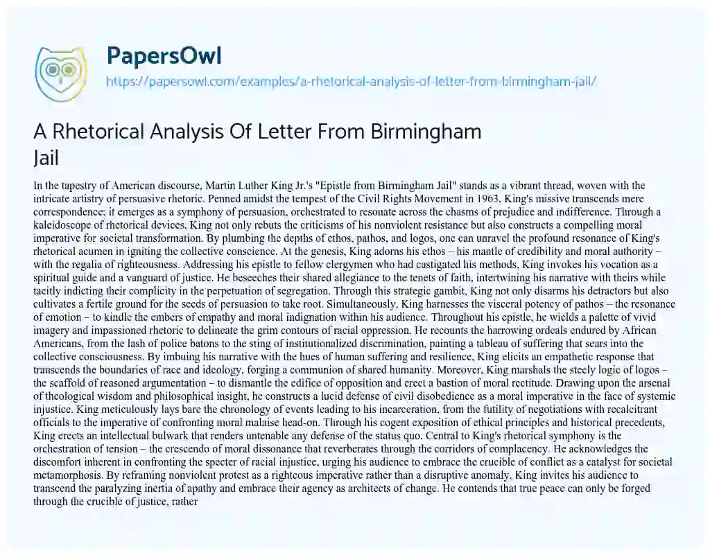 Essay on A Rhetorical Analysis of Letter from Birmingham Jail