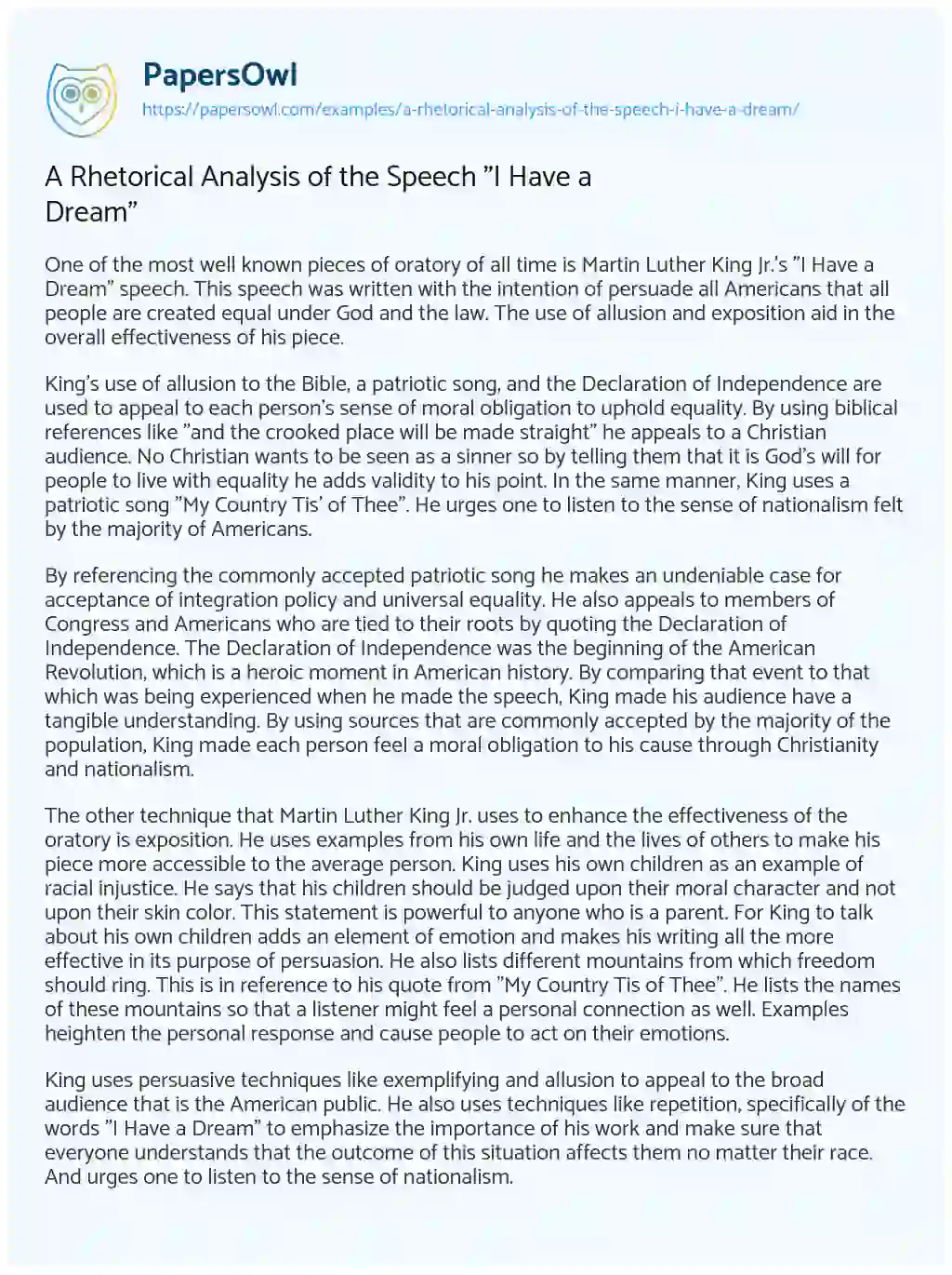 Essay on A Rhetorical Analysis of the Speech “I have a Dream”