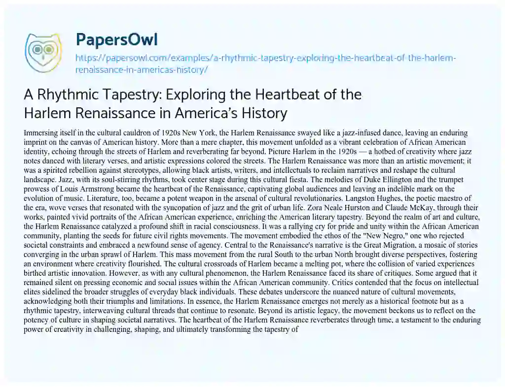 Essay on A Rhythmic Tapestry: Exploring the Heartbeat of the Harlem Renaissance in America’s History