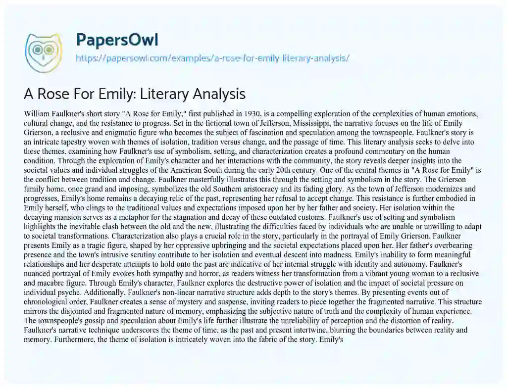 Essay on A Rose For Emily: Literary Analysis