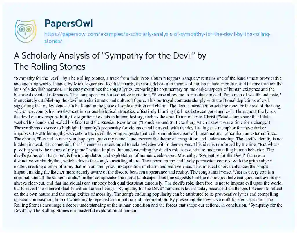 Essay on A Scholarly Analysis of “Sympathy for the Devil” by the Rolling Stones