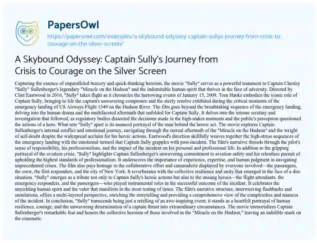 Essay on A Skybound Odyssey: Captain Sully’s Journey from Crisis to Courage on the Silver Screen
