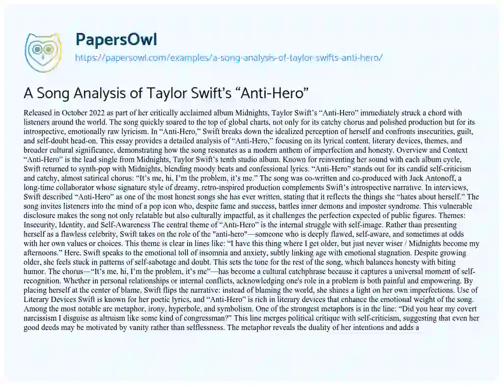 Essay on A Song Analysis of Taylor Swift’s “Anti-Hero”