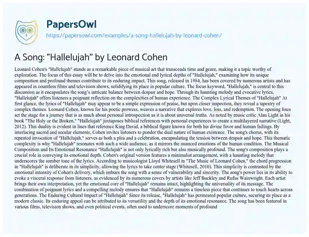 Essay on A Song: “Hallelujah” by Leonard Cohen