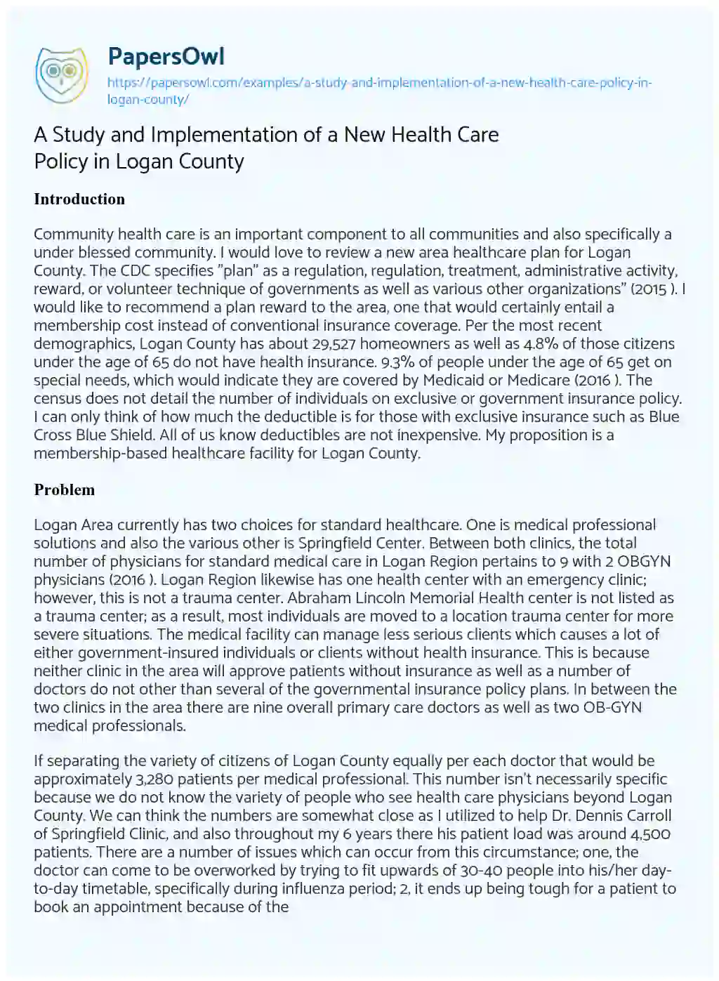 Essay on A Study and Implementation of a New Health Care Policy in Logan County
