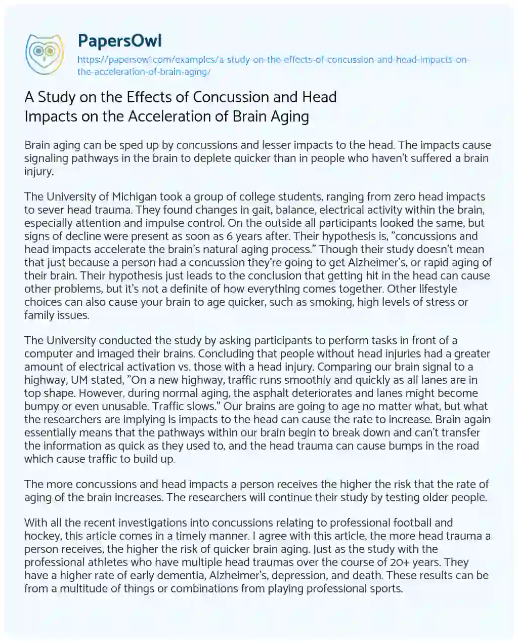 Essay on A Study on the Effects of Concussion and Head Impacts on the Acceleration of Brain Aging