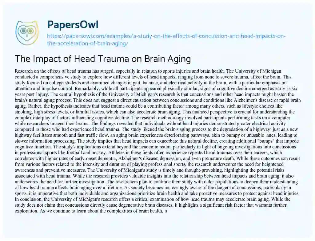 Essay on A Study on the Effects of Concussion and Head Impacts on the Acceleration of Brain Aging