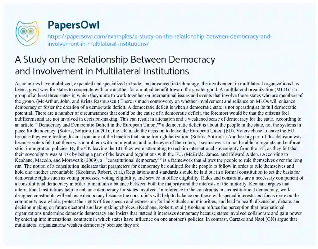 Essay on A Study on the Relationship between Democracy and Involvement in Multilateral Institutions