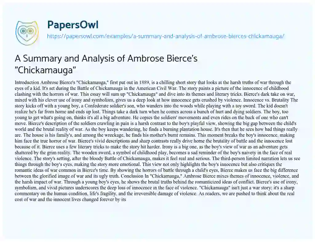 Essay on A Summary and Analysis of Ambrose Bierce’s “Chickamauga”