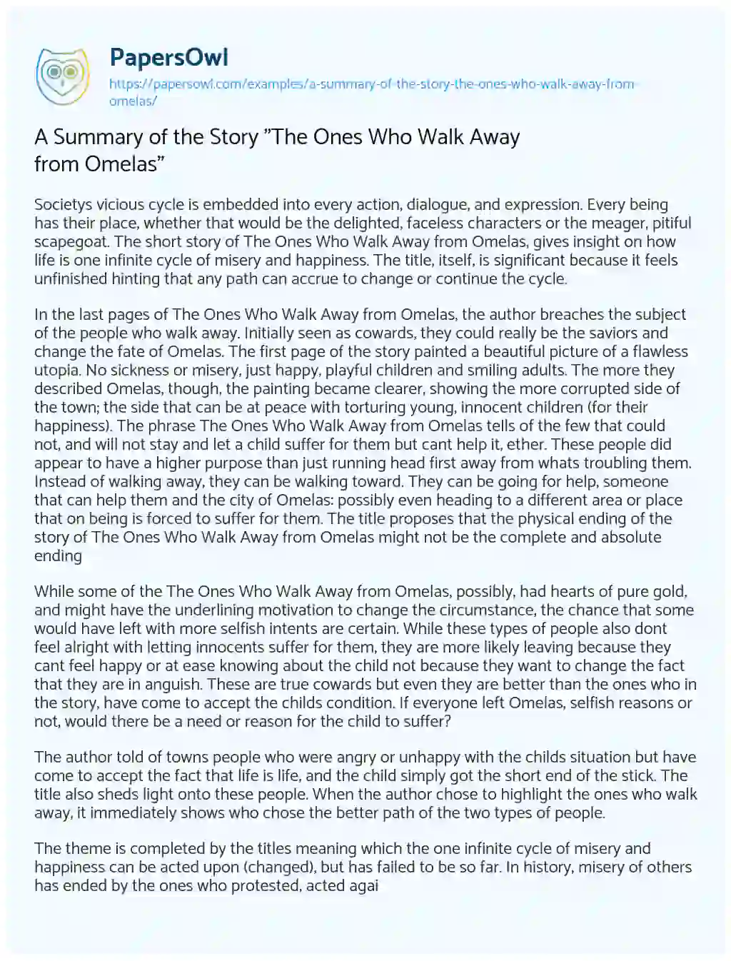 Essay on A Summary of the Story “The Ones who Walk Away from Omelas”
