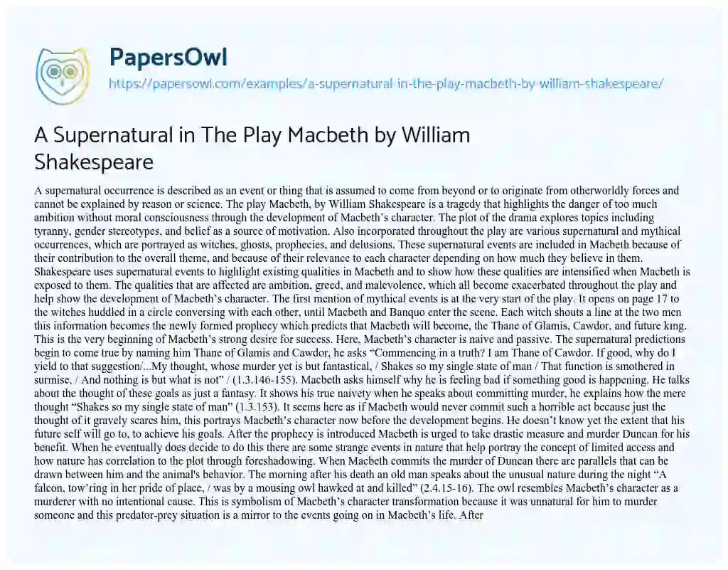 Essay on A Supernatural in the Play Macbeth by William Shakespeare