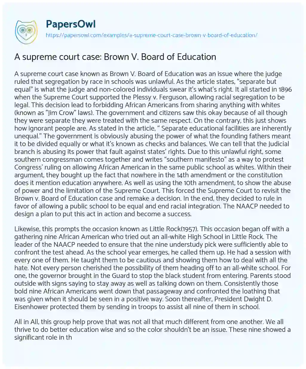 Essay on A Supreme Court Case: Brown V. Board of Education