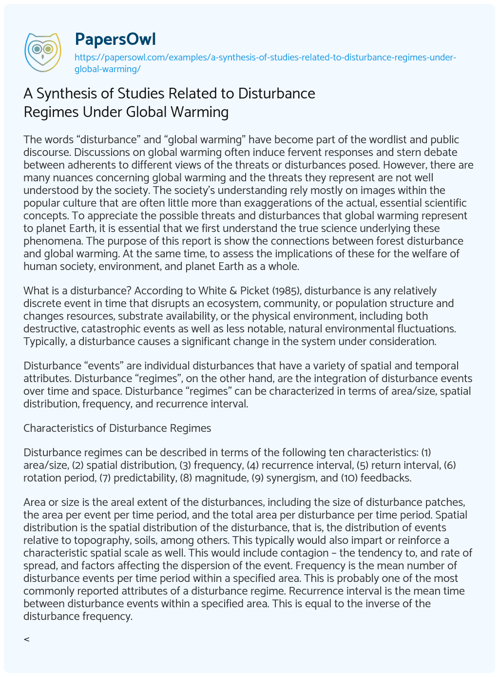 Essay on A Synthesis of Studies Related to Disturbance Regimes under Global Warming 