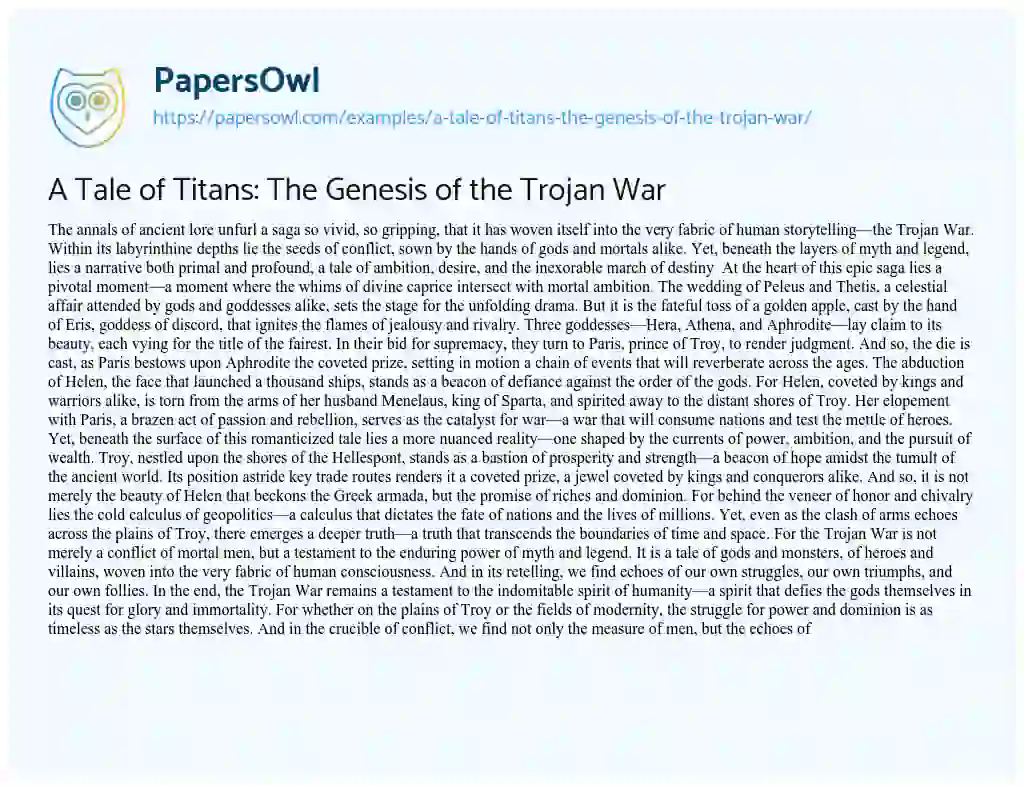 Essay on A Tale of Titans: the Genesis of the Trojan War
